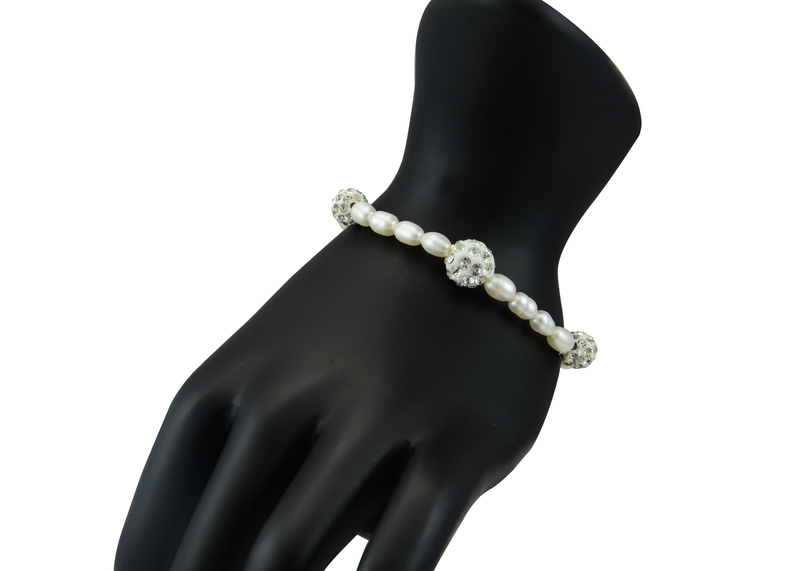 Vera Perla Strand Elastic Beaded Bracelet for Women with Built-in Gradual Crystal Ball & Pearls, White