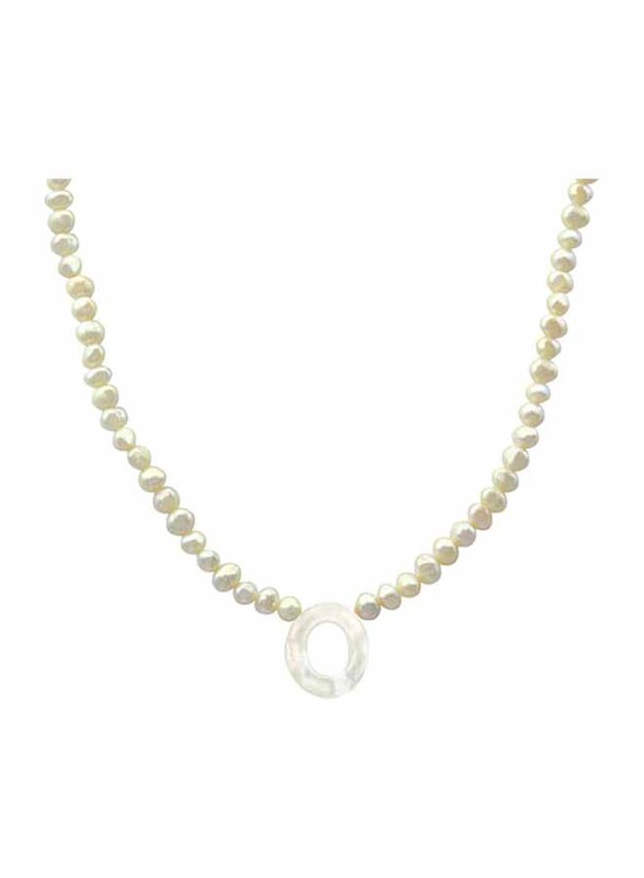 Vera Perla 18K Gold Strand Pendant Necklace for Women, with Letter O and Mother of Pearl Stones, White