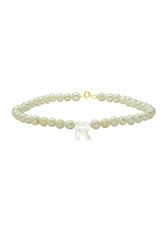 Vera Perla 18K Gold Strand Beaded Bracelet for Women, with Letter R Mother of Pearl and Pearl Stone, White