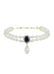 Vera Perla 18K Gold Beaded Bracelet for Women, with 0.12ct Diamonds, Oval Sapphire and Pearl Stone, White/Blue