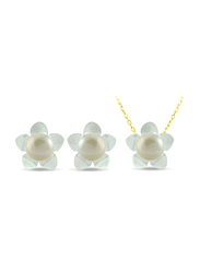 Vera Perla 2-Pieces 18K Solid Yellow Gold Jewellery Set for Women, with Necklace and Earrings, 13mm Mother of Pearl Flower Shape, with 7mm Pearl, Gold/Jade/White