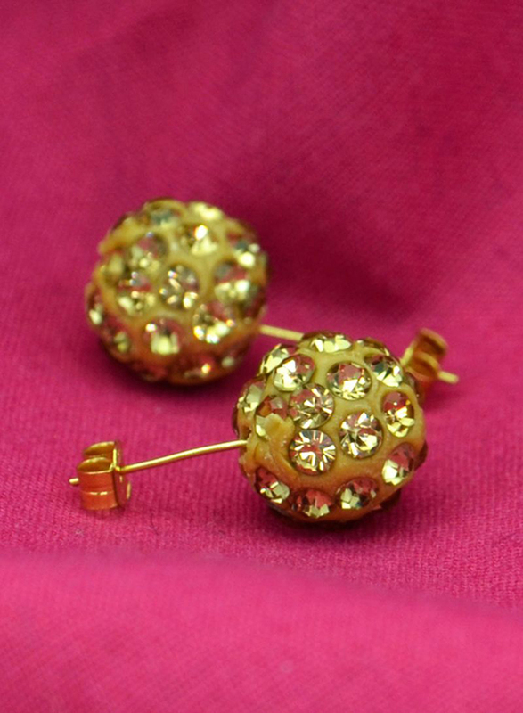Vera Perla 10K Solid Gold Stud Earrings for Women, with 10 mm Crystal Ball, Gold/Yellow