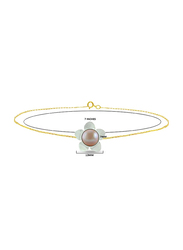 Vera Perla 18 Karat Solid Yellow Gold Chain Bracelet for Women, with 13mm Mother of Pearl Flower Shape and 7mm Pearl, Gold/Rose Gold