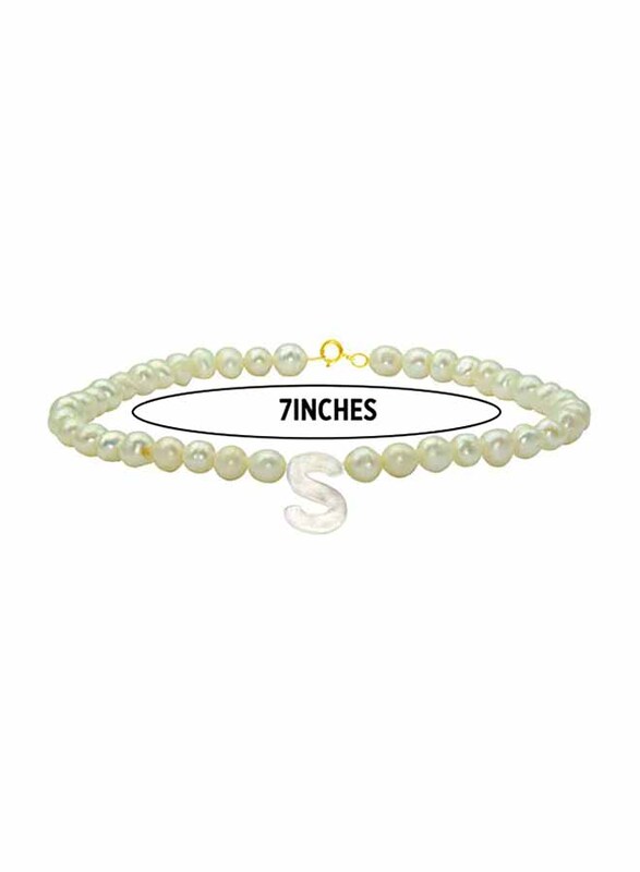 Vera Perla 10K Gold Strand Beaded Bracelet for Women, with Letter S Mother of Pearl and Pearl Stone, White