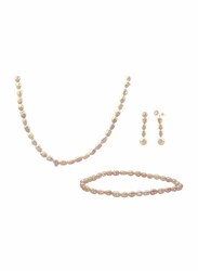 Vera Perla 3-Pieces 18K Gold Jewellery Set for Women, with Necklace, Bracelet and Stud Earrings, with Pearl Stones, Rose Gold