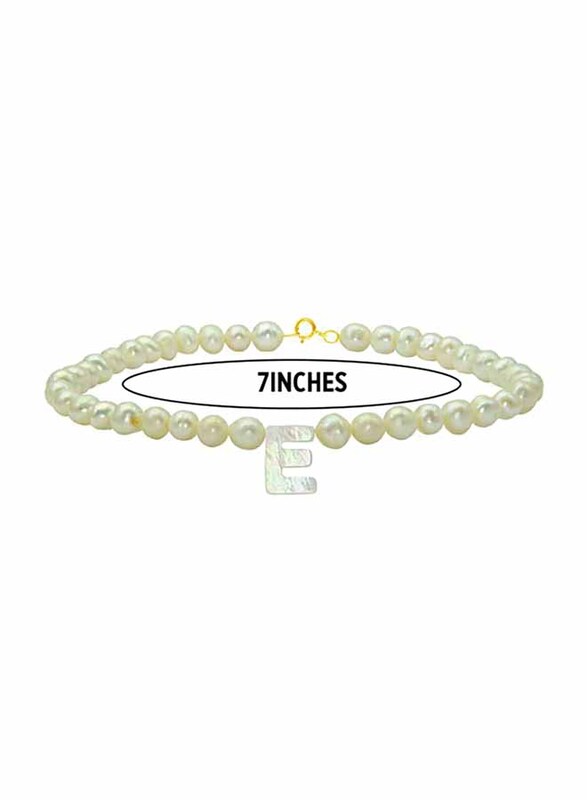 Vera Perla 18K Gold Strand Beaded Bracelet for Women, with Letter E Mother of Pearl and Pearl Stone, White
