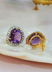 Vera Perla 18K Gold Stud Earrings for Women, with 0.28 ct Genuine Diamonds and Heart Cut Amethyst Stone, Purple
