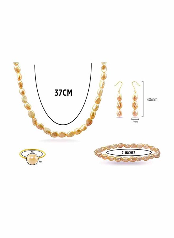 Vera Perla 4-Pieces 18K Gold Strand Jewellery Set for Women, with Necklace, Bracelet, Earrings and Ring, with Pearl Stones, Rose Gold