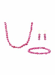 Vera Perla 3-Pieces 18K Gold Jewellery Set for Women, with Necklace, Bracelet and Earrings, with Pearl Stones, Pink