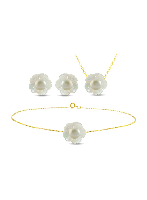 Vera Perla 3-Pieces 18K Solid Yellow Gold Jewellery Set for Women, with Necklace, Bracelet and Earrings, with Mother of Pearl Shell and 4mm Pearl Stones, White/Gold