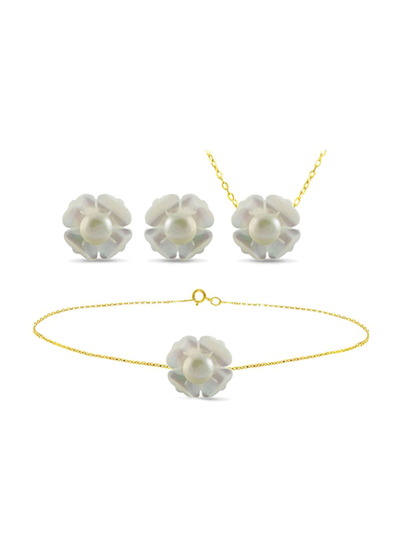 Vera Perla 3-Pieces 18K Solid Yellow Gold Jewellery Set for Women, with Necklace, Bracelet and Earrings, with 13mm Mother of Pearl Flower Shape, with 4 mm Pearl Stones, Gold/Jade