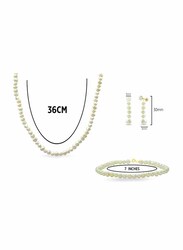 Vera Perla 3-Pieces 18K Gold Jewellery Set for Women, with Necklace, Lobster Bracelet and Earrings, with Genuine Pearl Stones, White