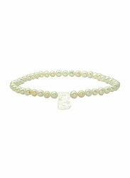 Vera Perla Elastic Stretch Bracelet for Women, with Letter B Mother of Pearl and Pearl Stone, White
