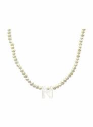 Vera Perla 18K Gold Strand Pendant Necklace for Women, with Letter N and Mother of Pearl Stones, White