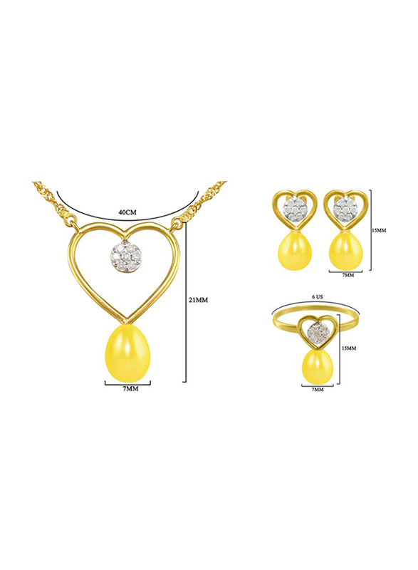 Vera Perla 3-Pieces 18k Gold Solitaire Heart Jewellery Set for Women, with Necklace, Bracelet and Earrings, with Genuine Diamond and Pearl, Yellow