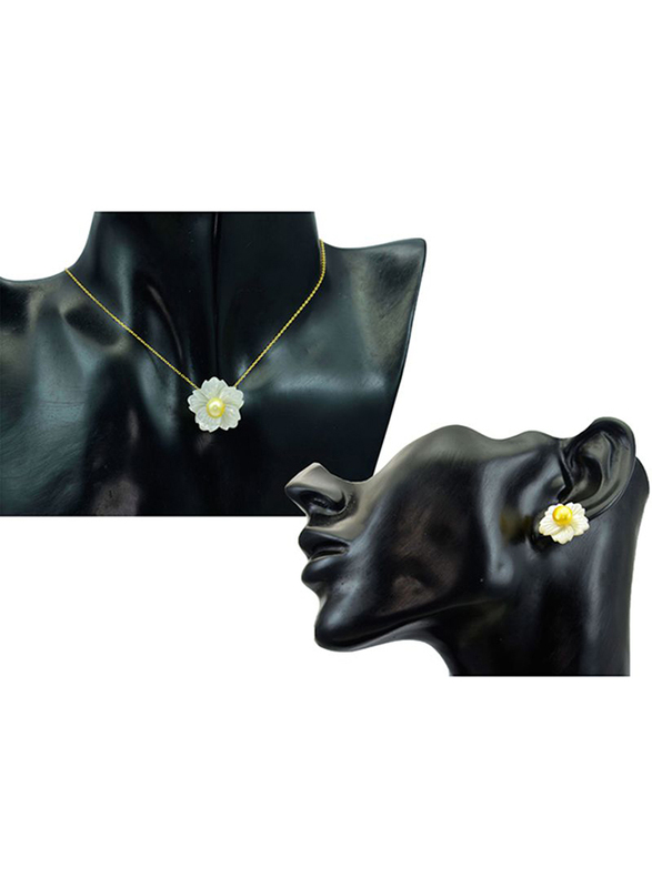 Vera Perla 2-Pieces 18K Solid Yellow Gold Pendant Necklace and Earrings Set for Women, with 19mm Flower Shape Mother of Pearl and 6-7mm Pearl, White/Gold/Yellow