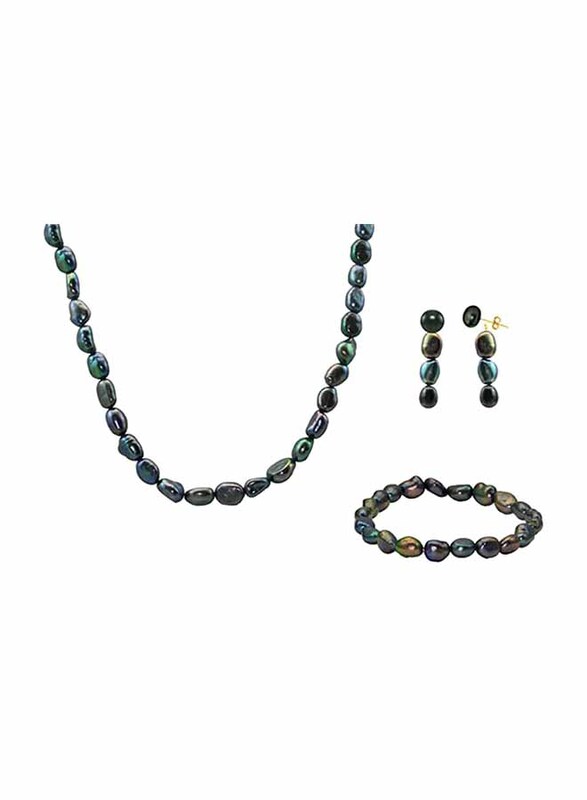 فيرا بيرلا طقم مجوهرات 3 قطع من الذهب عيار 10 قيراط للنساء من قلادة، سوار وأقراط، مع حجر اللؤلؤ - أزرق