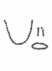 Vera Perla 3-Pieces 10K Gold Jewellery Set for Women, with Necklace, Bracelet and Earrings, with Pearl Stone, Blue