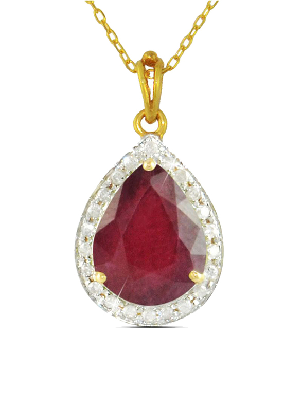 Vera Perla 18K Gold Link Chain Necklace for Women, with 0.12ct Diamonds and Ruby Stone Pendant, Gold/Red