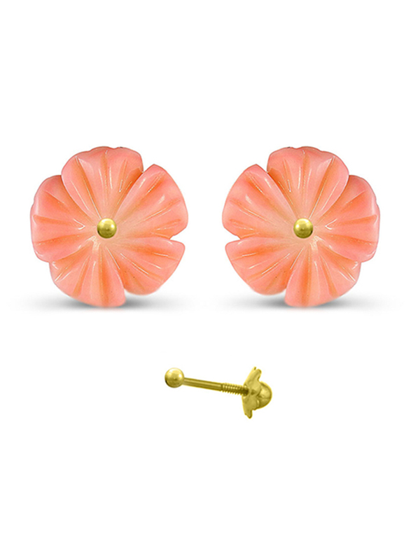 Vera Perla 18K Gold Stud Earrings for, with Women Flower Shell and9mm Pearls Stone, Peach/Gold