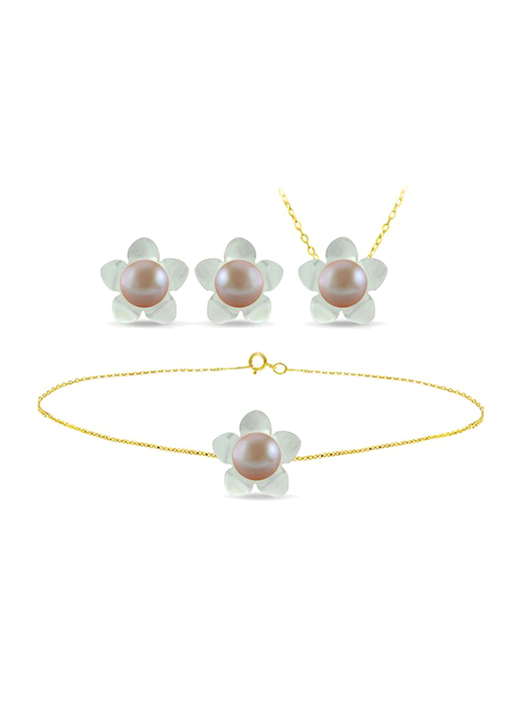 Vera Perla 4-Pieces 18k Solid Yellow Gold Jewellery Set for Women, with 13mm Mother of Pearl Flower Shape and 7mm Pearl, White/Purple