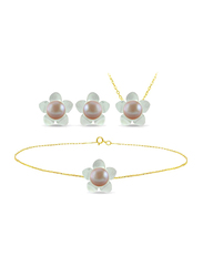 Vera Perla 4-Pieces 18k Solid Yellow Gold Jewellery Set for Women, with 13mm Mother of Pearl Flower Shape and 7mm Pearl, White/Purple