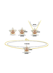 Vera Perla 4-Pieces 18k Solid Yellow Gold Jewellery Set for Women, with Mother of Pearl Flower Shape and 4mm Pearl, White/Rose Gold
