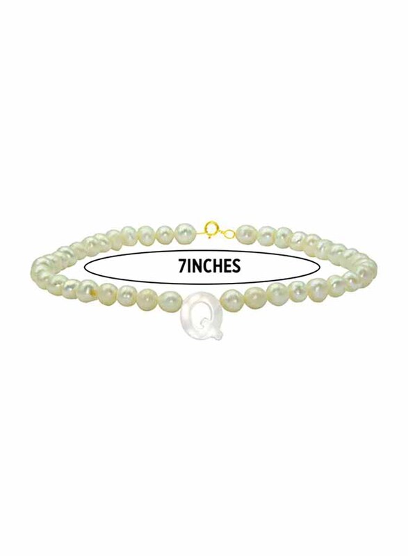 Vera Perla 18K Gold Strand Beaded Bracelet for Women, with Letter Q Mother of Pearl and Pearl Stone, White