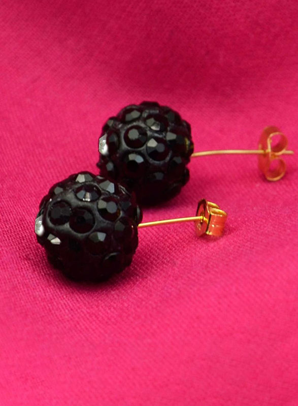 Vera Perla 18K Solid Yellow Gold Simple Ball Earrings for Women, with 10mm Crystal Ball, Black/Gold
