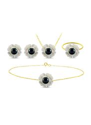 Vera Perla 4-Pieces 18K Solid Yellow Gold Jewellery Set for Women, with Necklace, Bracelet, Earrings and Ring, with 13mm Mother of Pearl Flower Shape, with 4 mm Pearl Stones, Gold/Jade/Black