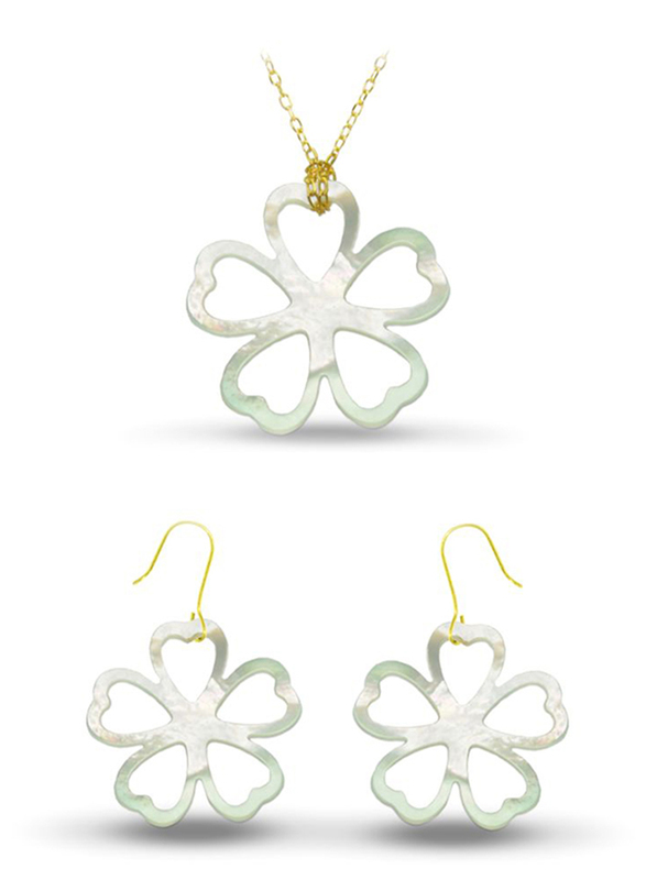 Vera Perla 2-Pieces 18K Gold Jewellery Set for Women, with Necklace and Earrings, Lucky Clover Shape Mother of Pearl Stone, White