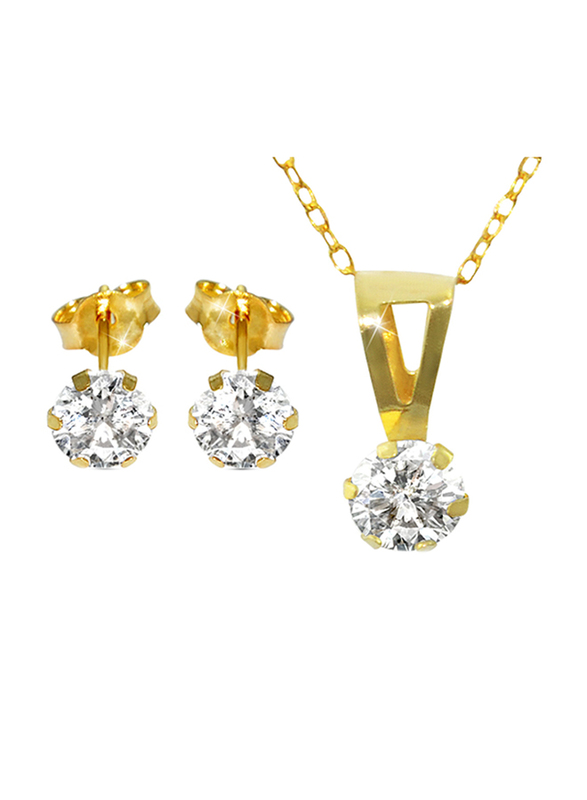 Vera Perla 2-Pieces 10K Gold Solitaire Jewellery Set for Women, with Necklace & Earrings, with Cubic Zircon Stone, Gold/Clear