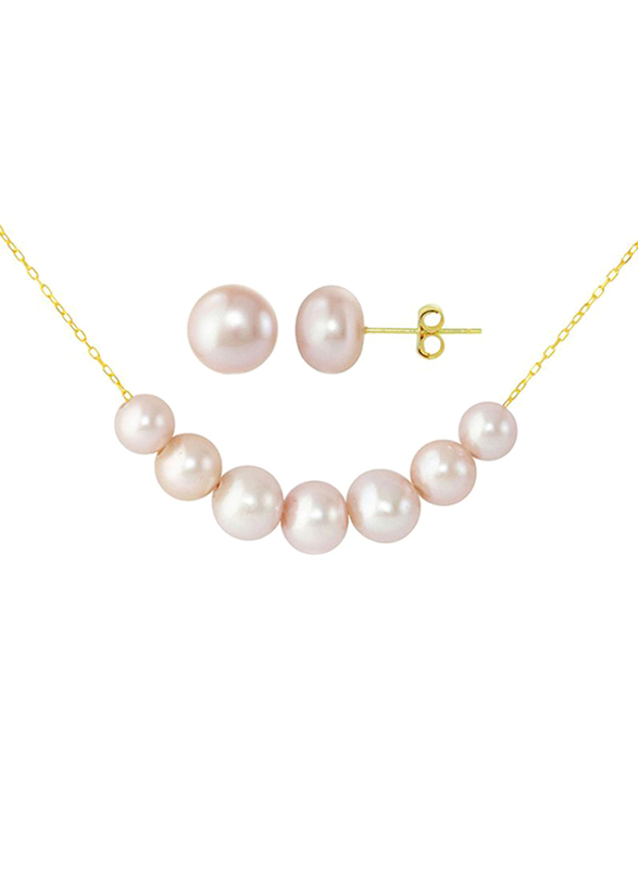 Vera Perla 10K Yellow Gold Necklace Set for Women, with Pearl Stone and Earrings, Pink/Gold
