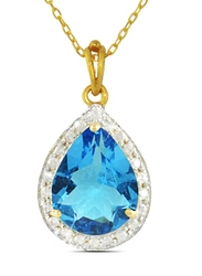 Vera Perla 18K Gold Link Chain Necklace for Women, with 0.12ct Diamonds and Swiss Blue Swiss Blue Swiss Blue Topaz Stone Pendant, Gold/Blue