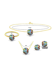 Vera Perla 4-Pieces 10K Solid Gold Earring, Bracelet, Ring and Necklace Set for Women, with 10 mm Crystal Ball, Blue/Red/Green/Gold