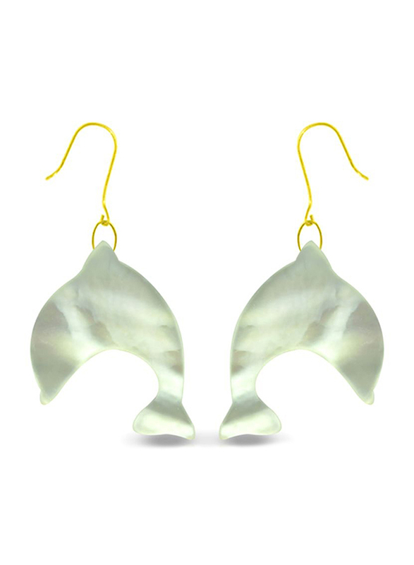 Vera Perla 18K Gold Dangle Earrings for Women, with Dolphin Shape Mother of Pearl Stone, Silver/Gold