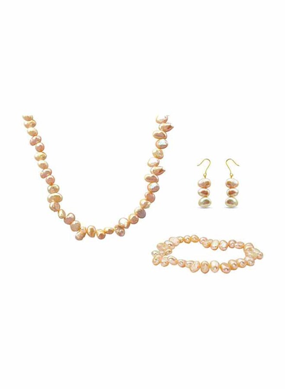 Vera Perla 3-Pieces 18K Gold Strand Jewellery Set for Women, with Necklace, Bracelet and Earrings, with Pearl Stones, Rose Gold