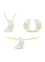 Vera Perla 3-Pieces 18K Gold Jewellery Set for Women, with Necklace, Earrings and Bracelet, with Crescent Shape Mother of Pearl Stone, White/Gold