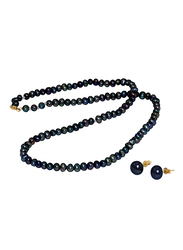 Vera Perla 2-Pieces 18K Gold Jewellery Set for Women, with Necklace & Earrings, with Pearl Stone, Black