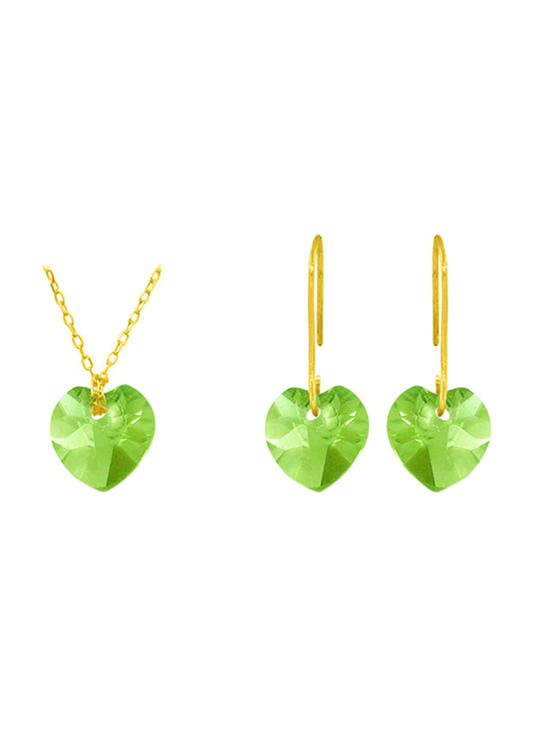 Vera Perla 2-Pieces 18K Solid Yellow Gold Jewellery Set for Women, with Necklace and Earrings, with 7mm Peridot Stone, Gold/Green