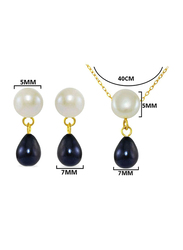 Vera Perla 3-Pieces 18k Yellow Gold Jewellery Set for Women, with Necklace, Bracelet and Earrings, with Button Pearl Drop, Black/White