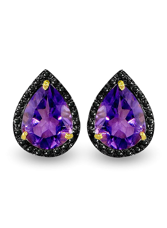 Vera Perla 18K Gold Button Earrings for Women, with 0.24 ct Genuine Diamond & Amethyst Stone, Purple