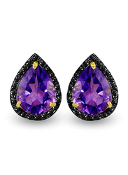Vera Perla 18K Gold Button Earrings for Women, with 0.24 ct Genuine Diamond & Amethyst Stone, Purple