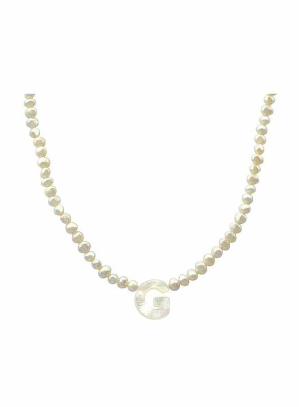 Vera Perla 18K Gold Strand Pendant Necklace for Women, with Letter G and Mother of Pearl Stones, White