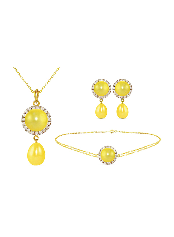 Vera Perla 3-Pieces 18K Gold Jewellery Set for Women, with Necklace, Bracelet and Earrings, with 0.40 ct Genuine Diamonds and Pearl, Yellow