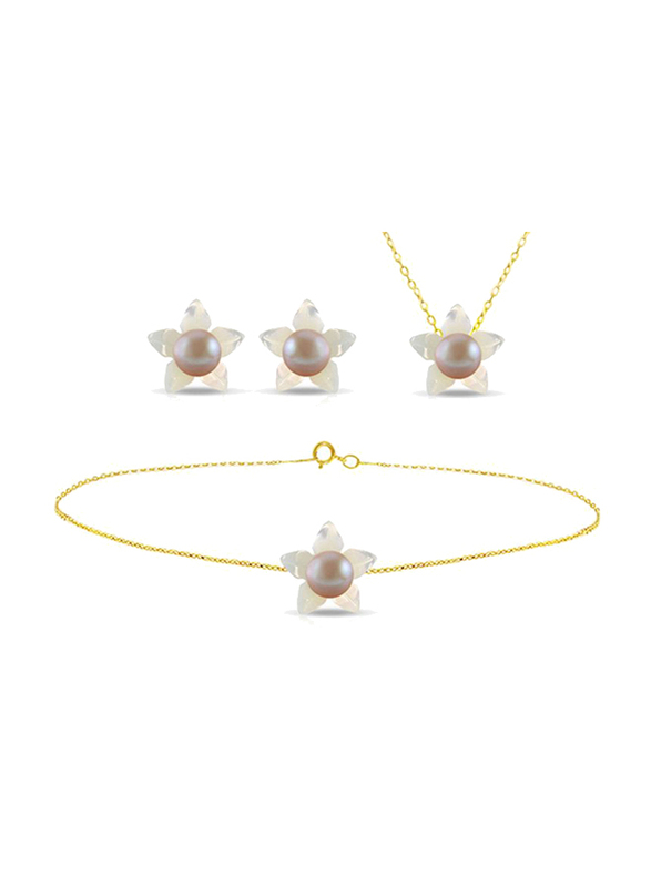 Vera Perla 4-Pieces 18k Solid Yellow Gold Jewellery Set for Women, with Mother of Pearl Flower Shape and 4mm Pearl, White/Purple