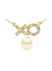 Vera Perla 10K Gold Pendant XO Necklace for Women, with 0.11 Carat Diamonds & Pearl Stone, Gold/Beige