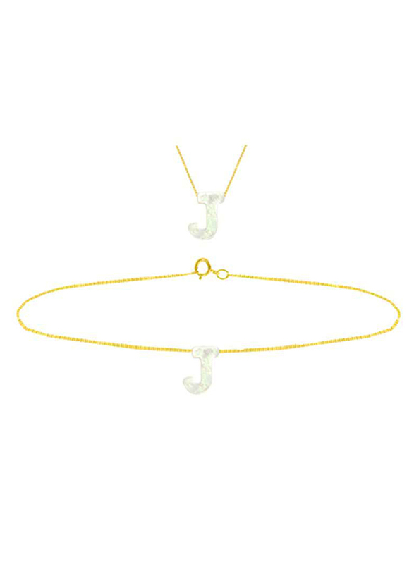 Vera Perla 2-Pieces 18k Yellow Gold J Letter Jewellery Set for Women, with Necklace and Earrings, with Mother of Pearl Stone, Gold/White