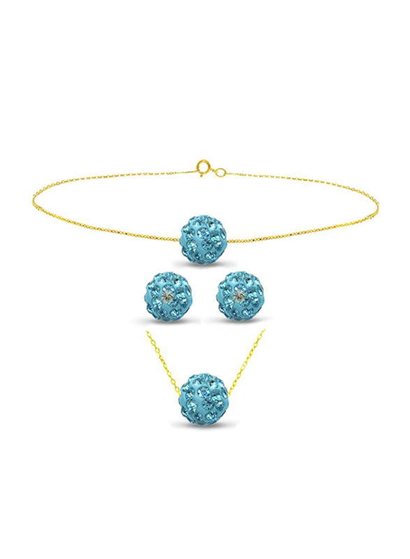 Vera Perla 3-Pieces 18K Solid Yellow Gold Simple Pendant Necklace, Bracelet and Earrings Set for Women, with 10mm Crystal Ball, Aqua/Gold