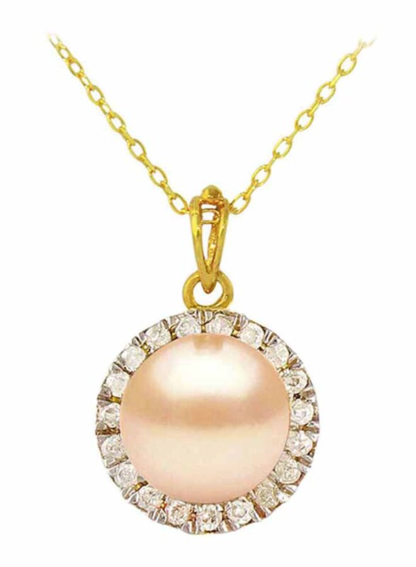 Vera Perla 18K Solid Gold Pendant Necklace for Women, with 0.10ct Genuine Diamonds and 6-7mm Pearl Stone, Gold/Pink